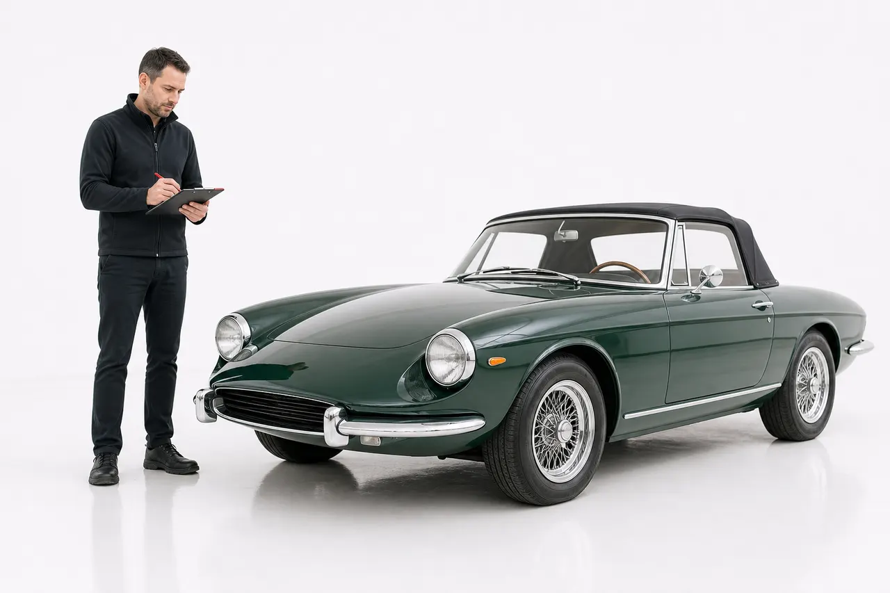 Sachverständiger bewertet einen restaurierten Oldtimer für ein Wertgutachten
