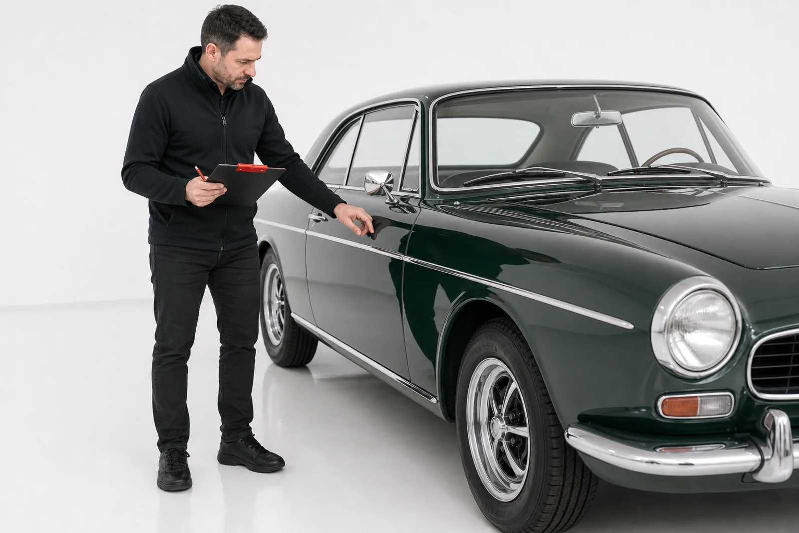 Kfz-Sachverständiger begutachtet einen klassischen Oldtimer mit Klemmbrett für ein Wertgutachten